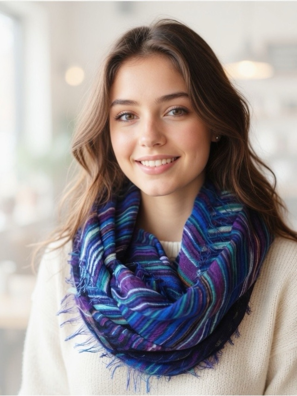 Blue Multicolor with Purple Teal Accents Bohemian Infinity Scarf Raw Edges